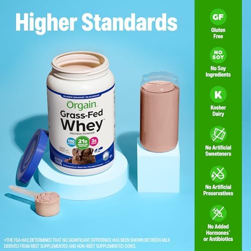 Orgain 21g Grass-Fed Whey Protein Powder, 5g BCAAs, Chocolate, 1.82lb | Dairy protein, 5g BCAAs, 4g prebiotic fiber, no sugar added, no added hormones, gluten free, kosher, for shakes & smoothies