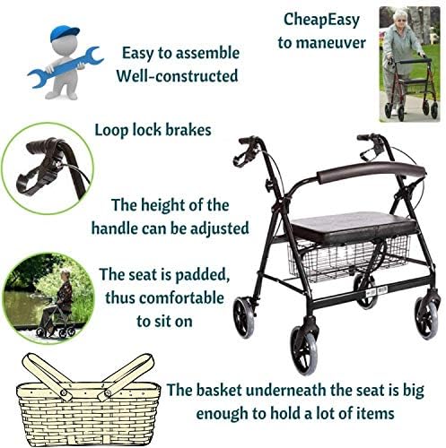 Heavy Duty Medical Bariatric Heavy Duty Rollator Walker with Seat and 4 Wheels, with Large Seat for Seniors, 8 Inch Wheels 400LB, Basket and Brakes