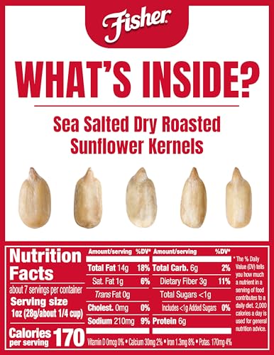 Fisher Dry Roasted Sunflower Seeds Kernels with Sea Salt, 7.25 oz, Sunflower Seeds to Eat, Gluten-Free, No Sugar Added, Crunchy Snacks for Adults, Perfect for Salads, Yogurt, & On-the-Go Snacking