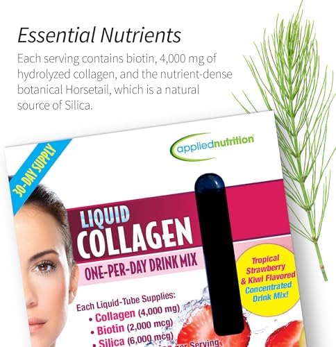 Applied Nutrition Liquid Collagen Skin Revitalization - 10 Liquid Tubes - Collagen, Biotin & Silica - Tropical Strawberry & Kiwi Flavor - 10 Servings