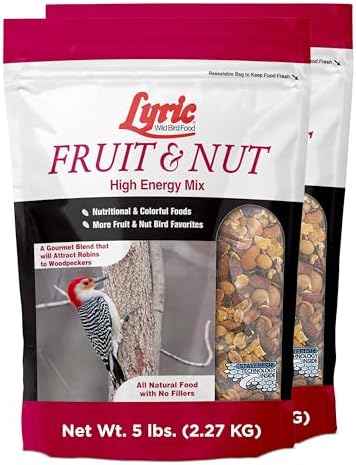 Lyric Fruit and Nut Wild Bird Seed - High Energy Wild Bird Food Mix - Attracts Woodpeckers, Chickadees & Other Songbirds -5 lb. Bag | Attracts Woodpeckers, Chickadees and other songbirds