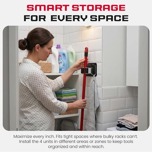 Wall Mount Hanger for Brooms & Mops - Adhesive Stainless Steel Mops & Broom Holder, 4 Clamps, 3 Hooks