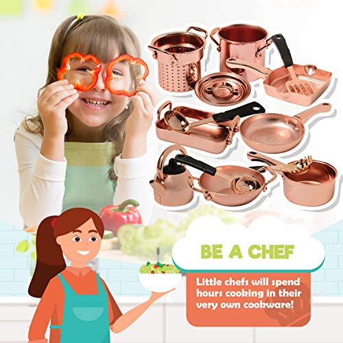 13 Piece Plastic Copper Look Cookware Set for Pretend Kitchen Play for Ages 3 Years and Up