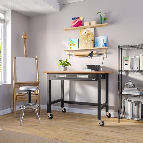 Seville Classics UltraGraphite Wood Top Workbench on Wheels with Sliding Organizer Drawer Table, 48", Graphite