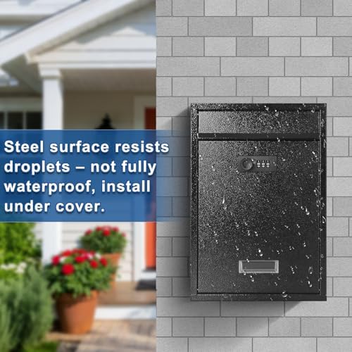 KYODOLED Mailbox for Outside, Wall Mount Locking Mailbox, Security Drop Box with Key Lock for Letters, Cash, Cards, Steel Mail Box for House Office School, 12.4H x 8.54L x 3.35W Inches, Black