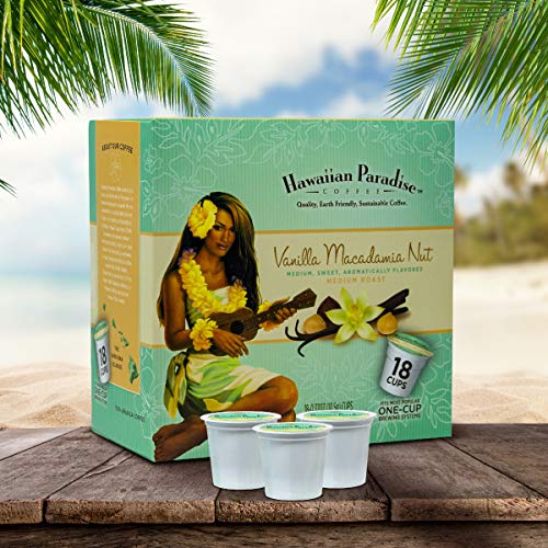Hawaiian Paradise Coffee Vanilla Macadamia Nut Single Serve Cups 18 Count Medium Roast Sweet Aromatically Flavored - 100% Arabica Beans - Compatible with Keurig K-Cup Brewers