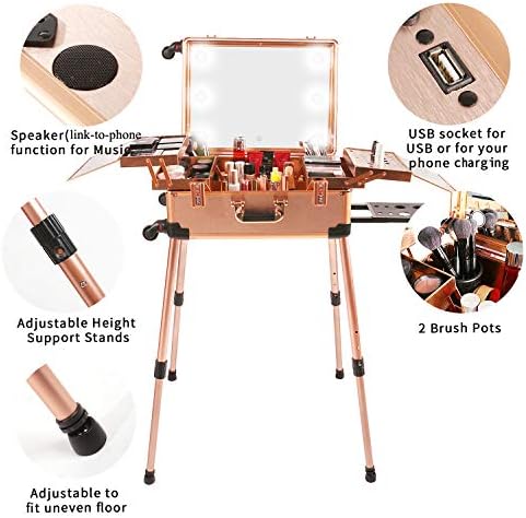Large Makeup Train Case with Speaker & Code Lock & Full Screen Lighted Mirror & 3 Light Colors Lighted Rolling Cosmetic Organizer