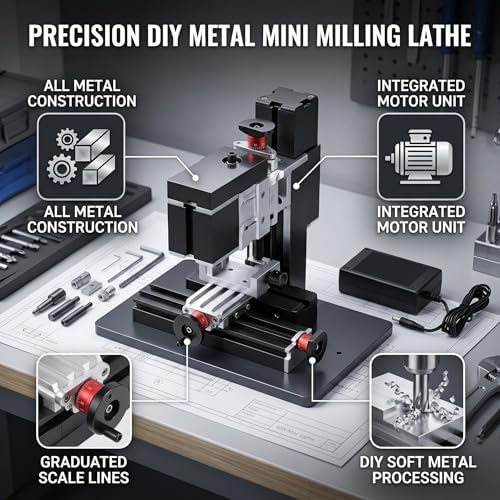 60W Mini Milling Machine, 12000RPM DIY Soft Metal Processing Woodworking Lathe, Multifunction Worktable Power Miller, 12VDC, 310x190x280mm