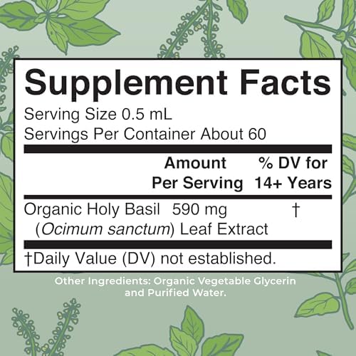 MARYRUTH'S Organic Holy Basil Leaf Liquid Drops, Vegan, Non-GMO, 1oz
