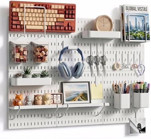 Keepo Peg Board Wall Organizer – Plastic Pegboard Panels, Modular Peg Board Storage System For Home Office, Craft Room, Gaming Setup (White