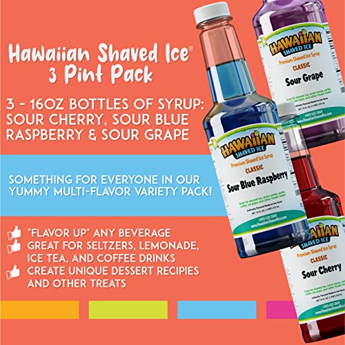 Hawaiian Shaved Ice Syrup Pint 3-pack, Sour Cherry, Sour Grape, & Sour Blue Raspberry, For Slushies, Italian Soda, Seltzers, Popsicles