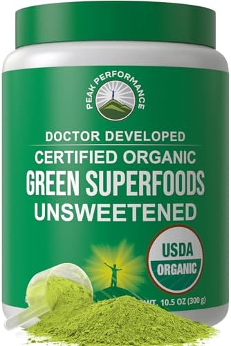 Peak Performance Organic Greens Superfood Powder. Best Tasting Super Greens | Powder with 25+ Organic Ingredients for Max Energy and Athletic Performance. Vegan Keto Green Juice Daily Drink