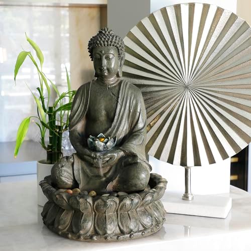 Alpine Corporation GEM178 Indoor Tabletop Meditating Buddha Water Fountain with LED Lights and Lotus Flower, 19", Beige
