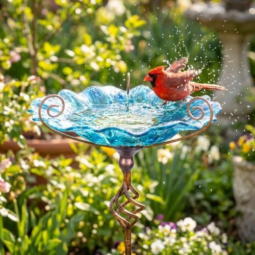 MUMTOP Bird Bath Outdoor, Glass Birdbath Bowl with Stake Garde Decor, Blue