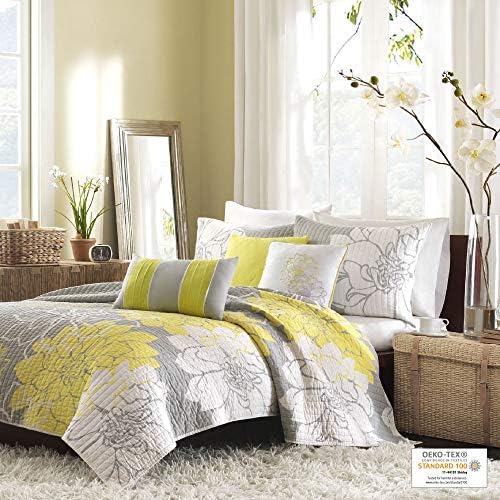 Madison Park Cotton Casual Floral Quilt Set, 6PC Full/Queen Coverlet | Channel Stitching Design, All Season, Lightweight Coverlet Bedspread Bedding, Shams, Decorative Pillows, Taupe Grey/Purple