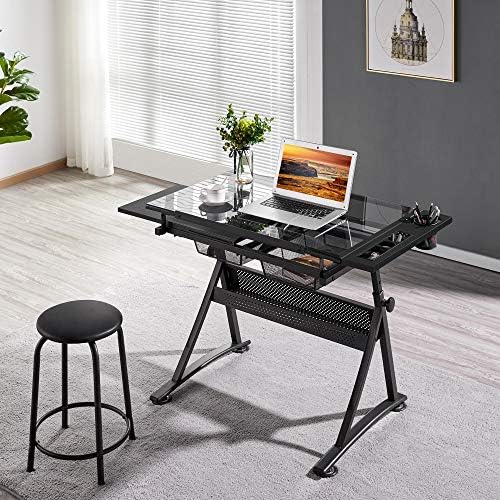 Yaheetech Adjustable Drafting Table & Stool, Tilting Glass Art Desk