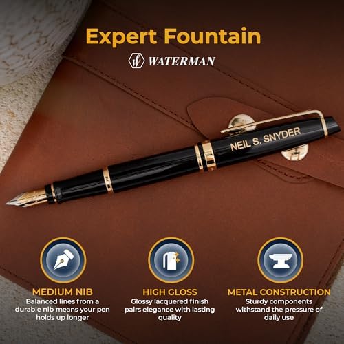 Waterman Expert Fountain Pen, Black Lacquer with 23k Gold Trim, Custom Engraved — Retirement, Board Recognition, or Executive Gift