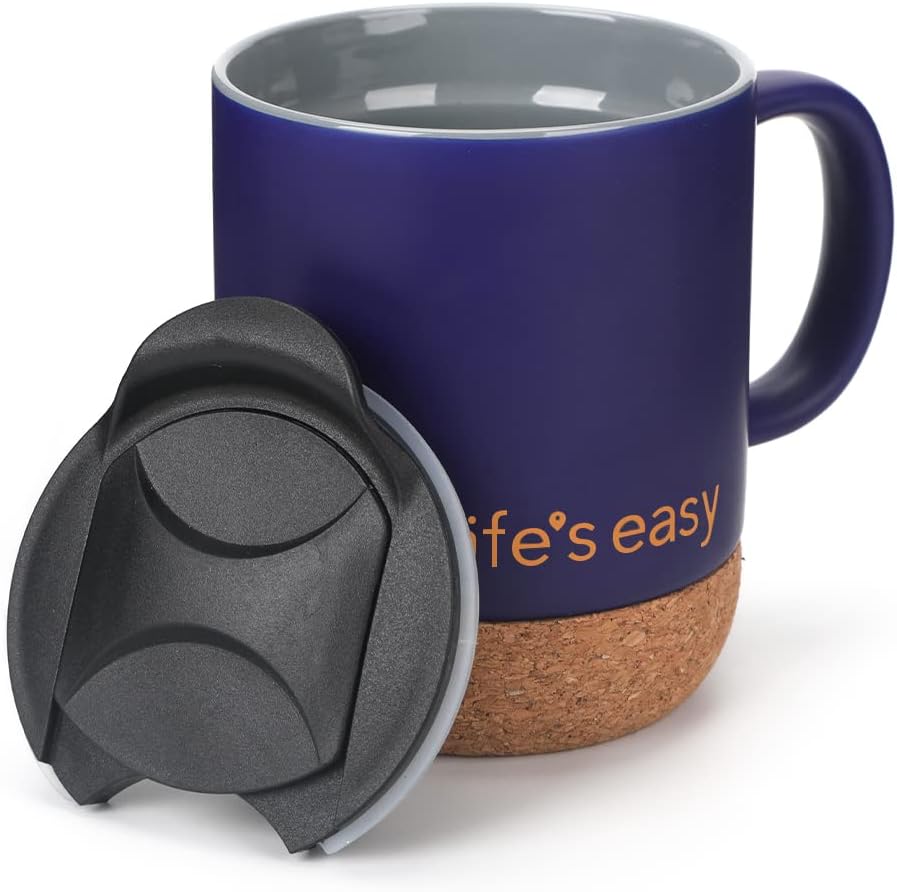 Life's Easy 12 oz Coffee Mug with Insulated Cork Bottom and Push-On Splash-Proof Lid - Black