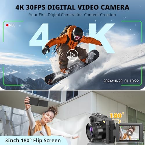 4K Digital Camera for Photography Autofocus, 2026 Latest 48MP Vlogging Camera for YouTube with SD Card, 2 Batteries, 3" 180°Flip Screen Compact Travel Camera for Teens with 16X Zoom,Black