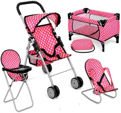 fash n kolor 4 Piece Baby Doll Play Set Flower Design Includes - Foldable Pack N Play, Baby Doll Stroller, Baby Doll High Chair, Infant Seat, Fits Up to 18'' Doll 4 Piece Doll Accessories Set
