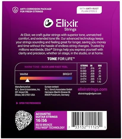 Elixir Strings, Acoustic Guitar Strings, 80/20 Bronze with POLYWEB Technology, Longest-Lasting Warm Tone with Comfortable Feel, 6 String Set