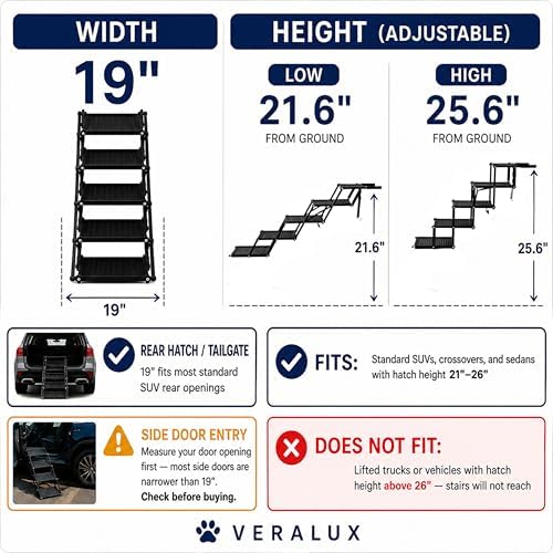 VERALUX 5 Step Foldable Dog Stairs for Large Dogs | Folding & Collapsible Dog Stairs for Car & SUV | Steps for Dogs to Get in Car | XL Lift Harness