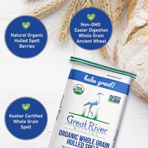 Great River Milling Organic Hulled Spelt Berries, Ancient Grain, 25 lb | Organic Hulled Spelt Berries for fresh spelt flour, bread, salads, pilaf, hot cereal and grain bowls; chewy cooked berries