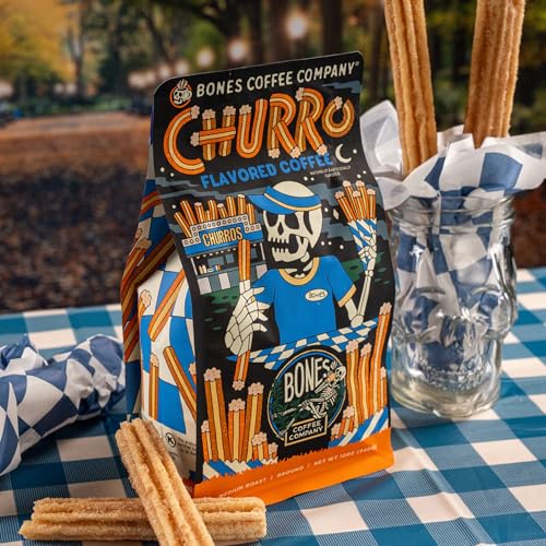 Bones Coffee Company Highland Grog, Butterscotch Caramel Flavored Coffee, Medium Roast Low Acid Arabica Beans Compatible with Auto drip and French Press Coffee Maker, 12 Oz Whole Bean