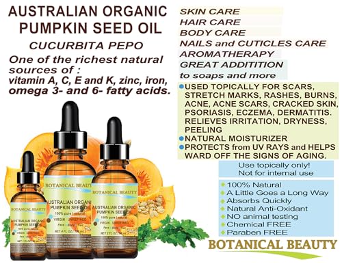 Botanical Beauty Australian ORGANIC PUMPKIN SEED OIL 100% Pure Natural Virgin Unrefined Cold Pressed Carrier Oil. 1 Fl.oz.- 30 ml. for Face, Skin, Hair, Lip, Nails