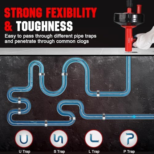Drain Auger 33 Ft with Easy Cable Rewind System, Plumbing Snake with Drill Adapter, 2026 Upgraded Flexible Spring Steel Drain Cleaner for Kitchen