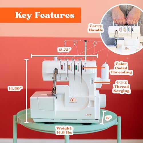 Serger Sewing Machine by American Home, Portable Stitching Machine Easy to Follow 4/3/2 Serger Thread with Differential Feed for Hemming and Sewing