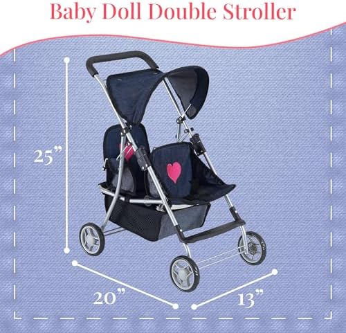 My First Doll Twin Stroller - Cutest Heart Design Doll Twins Stroller - Great Toy Gift for Girls