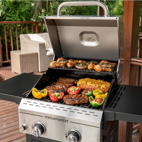 Megamaster Deluxe 2 Burner Gas Grill, Foldable Shelves with Warming Rack | Offers 28000 BTU, Built-In Thermometer, Electronic Ignition