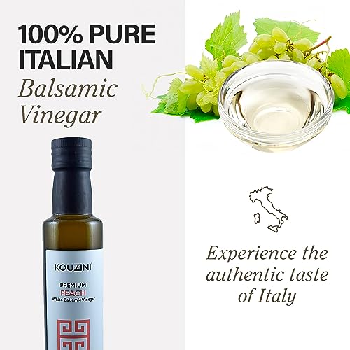 Kouzini Ultra-Premium Peach White Balsamic Vinegar, Aged, No Added Sugars or Preservatives, Ideal for Salads, Meats, Fish, Pizza, & Bread Dipping, Luxurious Balsamic Vinegar of Modena, 250ml