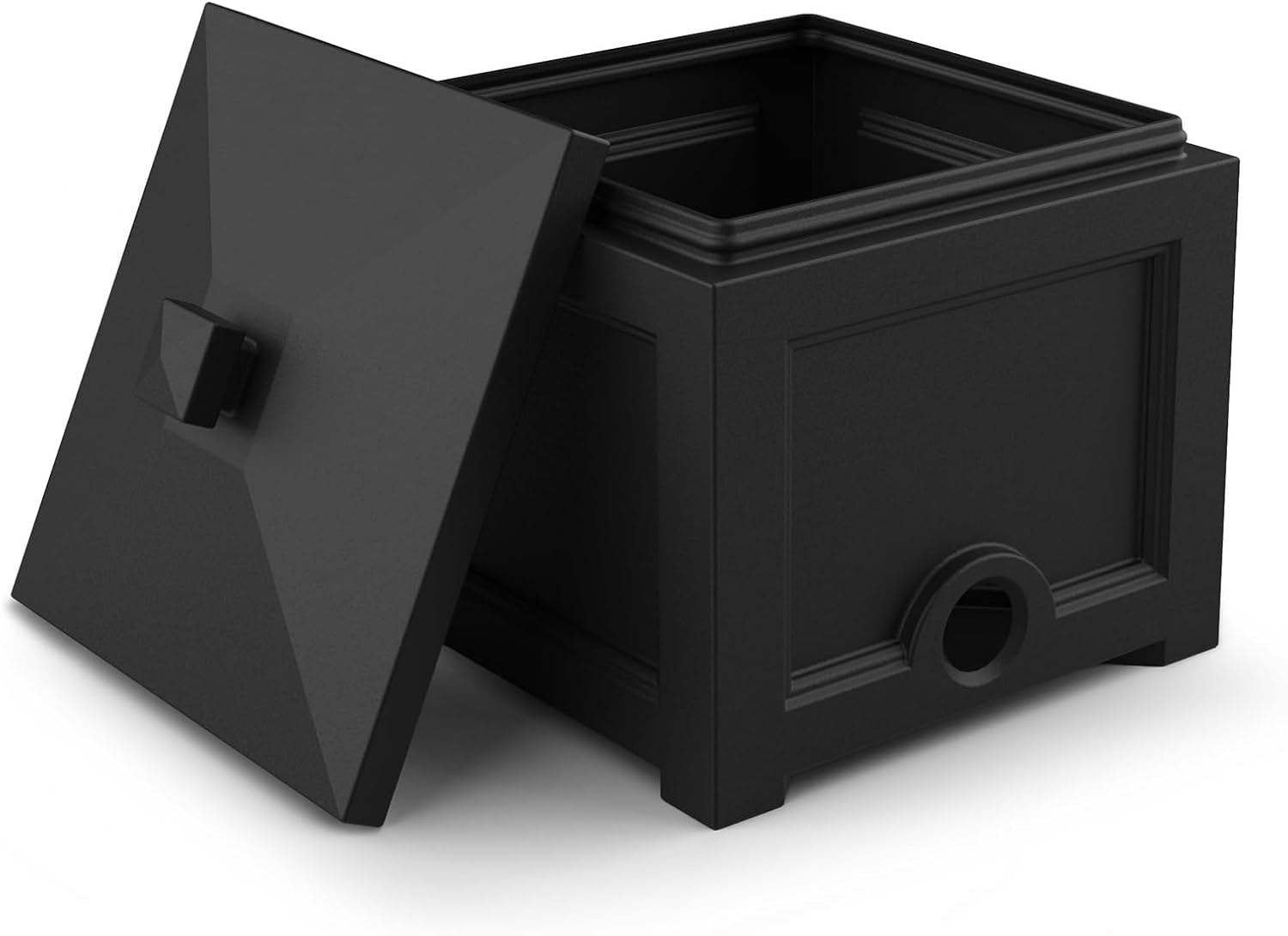Mayne Fairfield Garden Hose Bin - Black - 17in L x 17in W x 18in H - Holds up to 100 ft. of standard garden hose (5858-B) | Concealed storage, Holds 100ft hose, Fade resistant, All-season, 15-year warranty