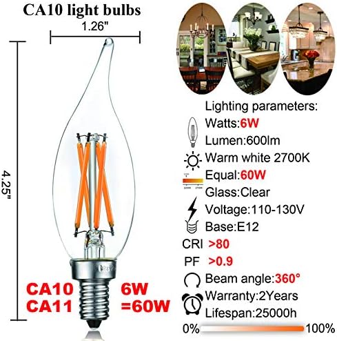 LiteHistory CA10 E12 Candelabra Bulb 40 watt,Amber Light Bulbs,2200K,6Pack | 4w=40 watt Light Bulbs,E12 Bulb,250lm,AC120V,ETL,Candelabra Light Bulbs for Chandelier Light Bulbs,Pendant,Candle Light Bulbs