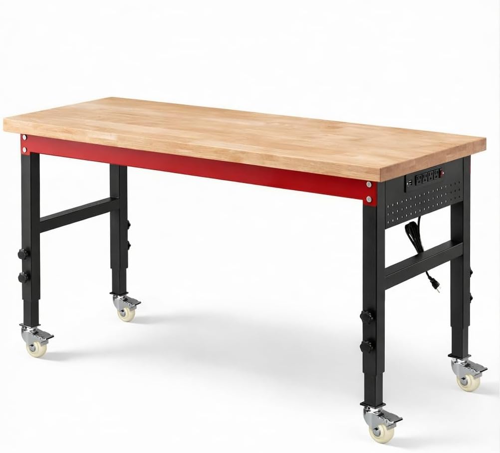 60" Heavy Duty Workbench, 2500 LBS Load Capacity Work Bench with 1.2" Laminated Oak Wood Top & Reinforced Steel Frame, Adjustable Height Work Table for Garage, Workshop, Office, Home (Casters)