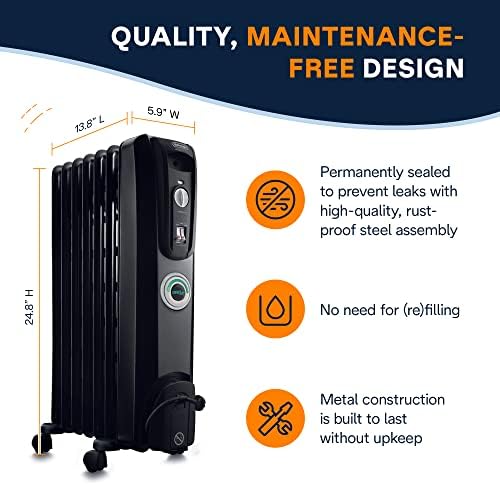 De'Longhi Oil filled Radiator Heater, 1500W Electric Space Heater for indoor use, portable room heater, Energy Saving, full room like office and bedroom with safety features, EW7707CM