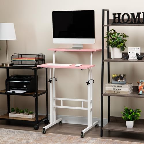 Mind Reader Standing Desk, Adjustable Height Laptop Workstation, Portable Rolling Desk on Wheels, Two-Tier Metal Frame, Black