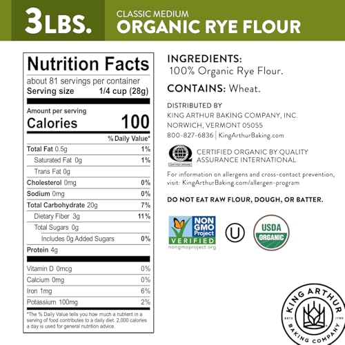 King Arthur Organic Medium Rye Flour - 3 lbs for Complex Flavorful Breads & Baked Goods - 100% US Grown & Milled - Non-GMO Project Verified - Robust
