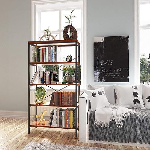 BATHWA Wood and Metal Minimalist 5 Tier Bookshelf, 6 feet Tall Open Rustic Wide Bookcase Industrial Style