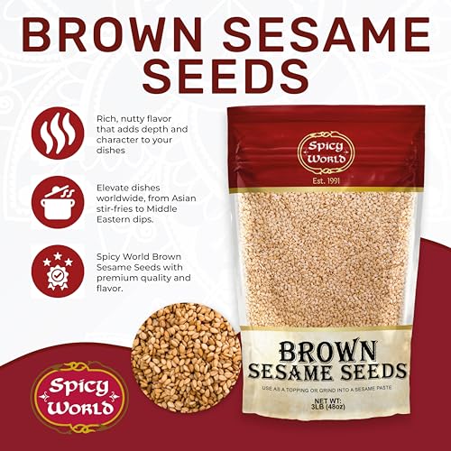 Spicy World Natural Brown Sesame Seeds 3 LB (48oz) - Non-GMO, Vegan, Raw, Unroasted, Unsalted, Plant-Based Protein, Source of Fiber & Iron
