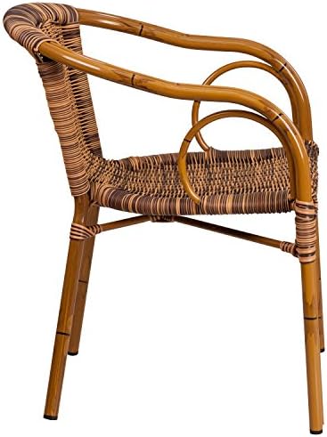 EMMA + OLIVER Brown Rattan Patio Chair with Dark Red Bamboo | Durable Construction, Commercial Use