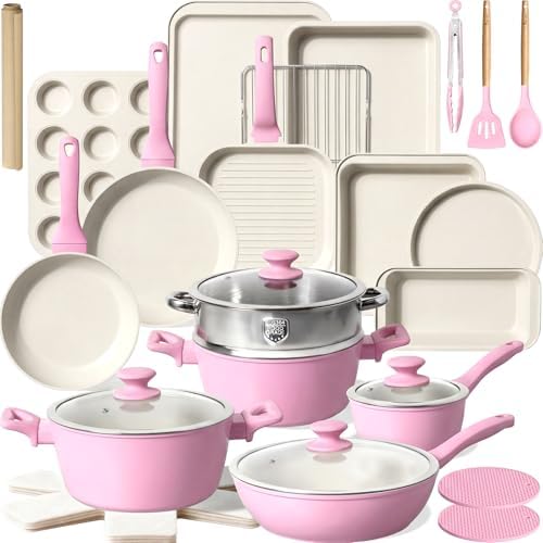 Kikcoin Pots and Pans Set Non Stick 31 Piece Kitchen Nonstick Cooking Cookware Sets with Grill Pan Saucepan Baking Sheet Utensil, Black