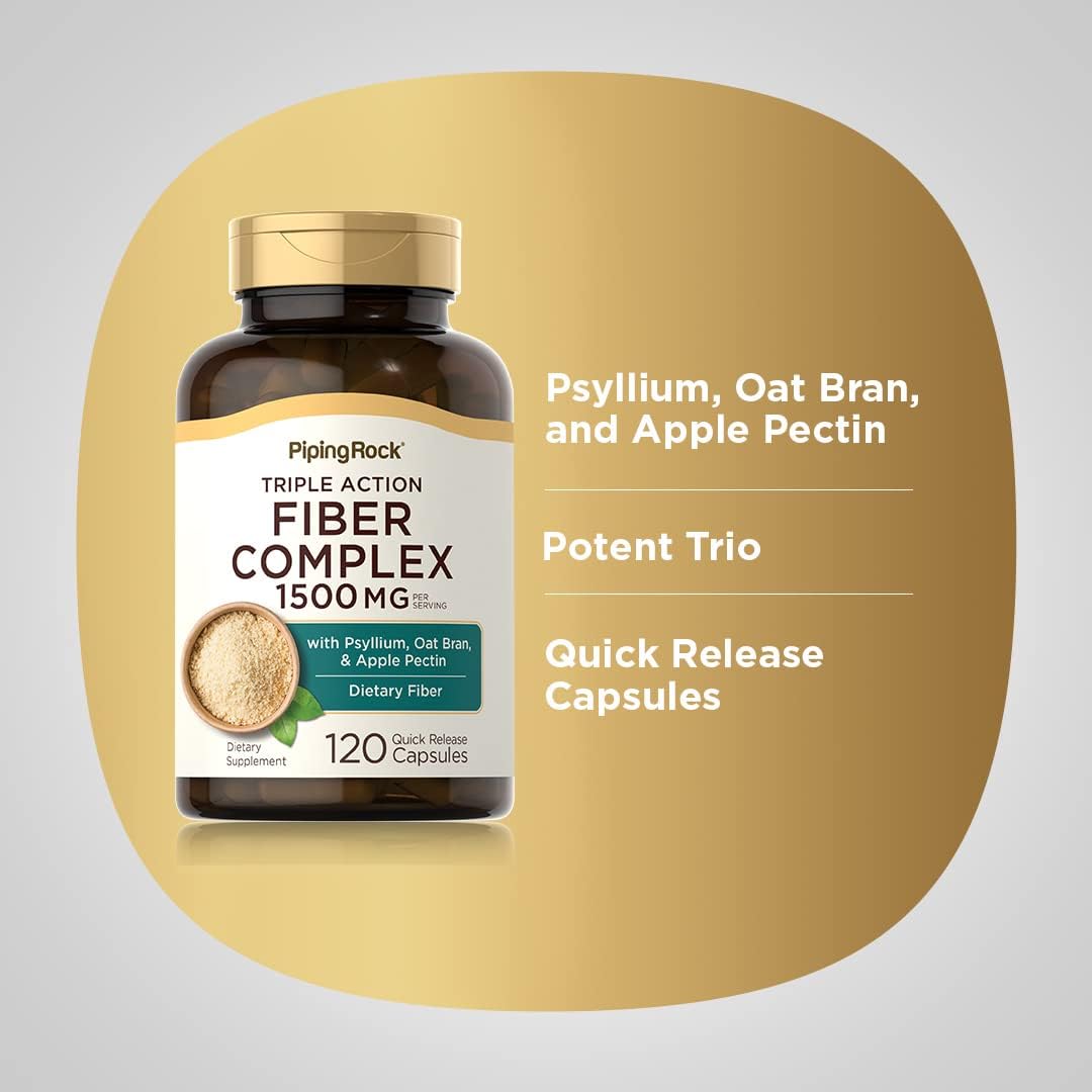 Piping Rock Fiber Complex Supplement | 1500mg | 120 Capsules | Triple Action Pills | with Psyllium, Oat Bran, and Apple Pectin | Non-GMO