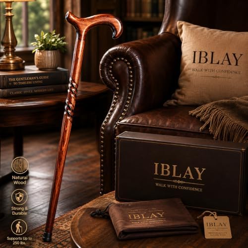 IBLAY Handmade Natural Wood Walking Cane for Men & Women – 36 Inch Wooden Walking Stick with Ergonomic Derby Handle, Classic Brown Finish