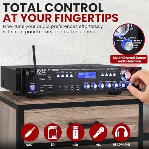 Pyle Multi Channel Bluetooth Preamplifier Receiver - 3000 Watt Audio Home Speaker Sound Stereo w/Radio, USB, Headphone, AUX, RCA