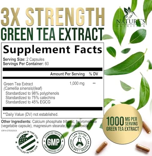 Green Tea Extract Capsules - 3X Strength Green Tea Extract 1000 mg Per Serving Pills with 45% EGCG & 98% Polyphenols for Natural Energy - Antioxidant Herbal Heart Support Supplement - 240 Capsules