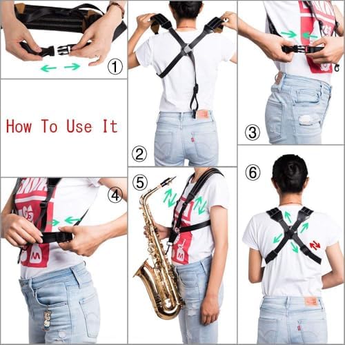 Rayzm Sax Strap,Universal Double Shoulder Leather Strap for Sax,Adjustable Padded Harness Strap for Alto Tenor Baritone Sax