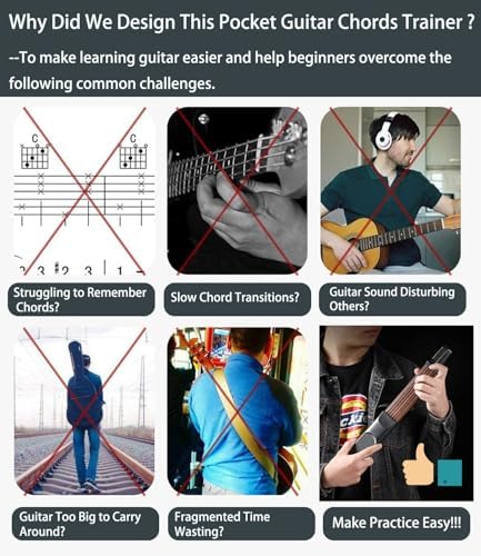 Pocket Guitar Chord Practice Tool, Portable Guitar Neck for Trainer Beginner w/a Rotatable Chords Chart Screen Battery Included